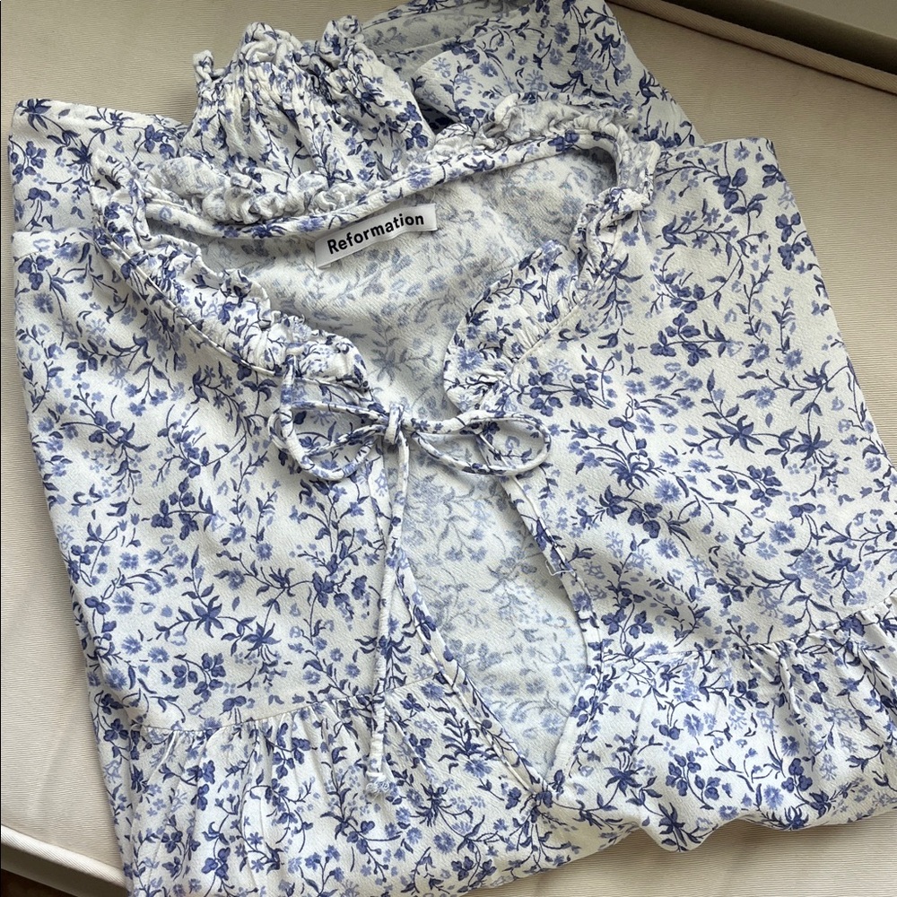 Reformation White Blouse with Blue Floral Design